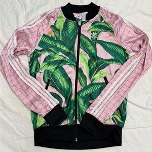 Like New Adidas Tropical Leaf Print Jacket in Pink and Green sz S